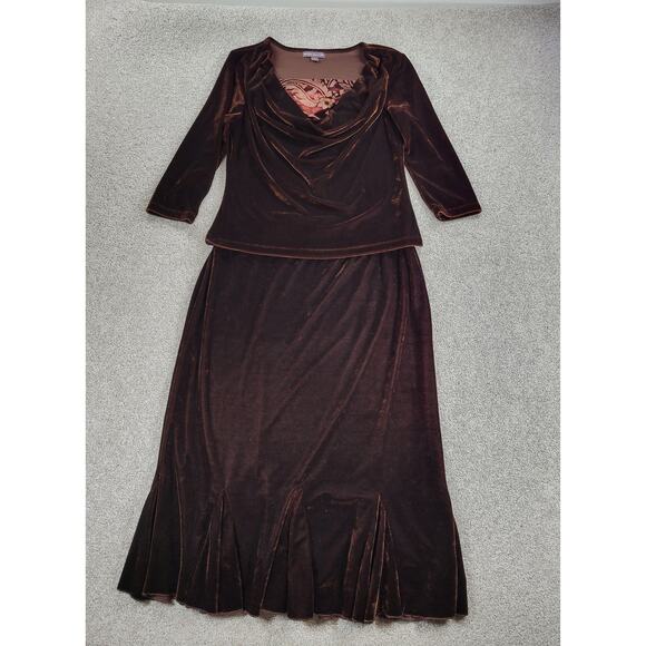 Vtg Susie Couture Velvet Skirt Set Womens L Brown Paisley Cowl‎ Neck Whimsigoth - Picture 1 of 16